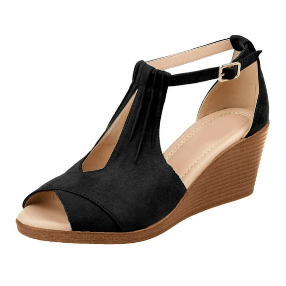 LFXJVY Sandals for Women Wedge Heel Buckle Backstrap Leather Open Toe Dressy Holiday Party Slide Summer Espadrille Black 37