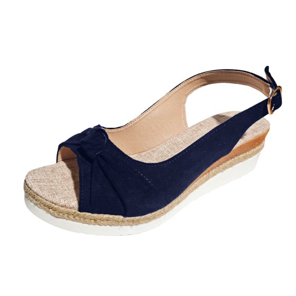 LFXJVY Wedge Heel Sandals For Women Bowknot Open Toe Buckle Adjustable Strap Slip On Summer Beach Solid Blue 37