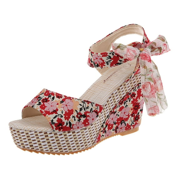 LFXJVY Wedge Heel Sandals For Women Floral Bowknot Ankle Strap Lace Up Holiday Party Dressy Summer Espadrille Red 38