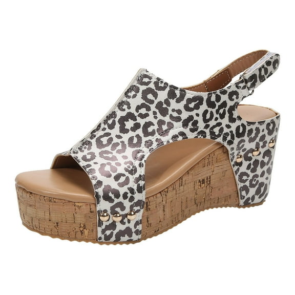 LFXJVY Wedge Heel Sandals For Women Platform Animal Print Open Toe Hook & Loop Adjustable Strap SummerWhite 40