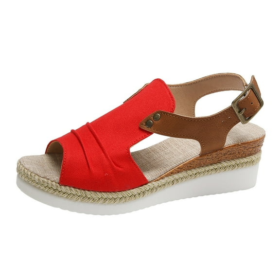 LFXJVY Wedge Heel Sandals For Women Platform Bohemian Style Open Toe Ankle Strap Backstrap Holiday Beach Summer Espadrille Red 38