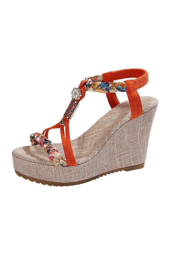Wedge Heel Sandals For Women Platform Buckle Adjustable Strap Buckle Hemp Rhinestone Summer Espadrille Orange 41