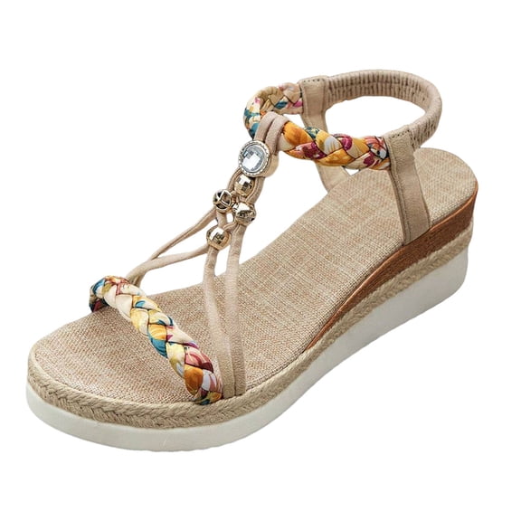 LFXJVY Wedge Heel Sandals For Women Tie Floral Spring And Summer Open Toe Ankle Strap Holiday Slide Beige 38