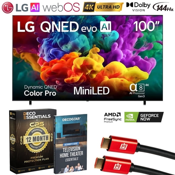 LG 100" QNED evo AI Mini LED 4K Smart TV (2026) 100QNED84BU.AUS Bundle with 1 YR CPS Enhanced Protection Pack, 2X 6FT HDMI Cable and Deco Gear Home Theater Beginner's Guide