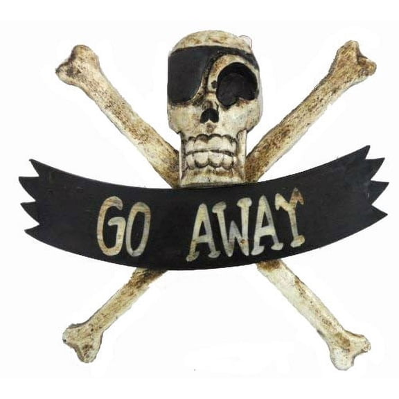 LG 12 inch Hand Carved Wood Pirate Skull Cross Bone"Go Away" Sign Plaque Wall Art Decor