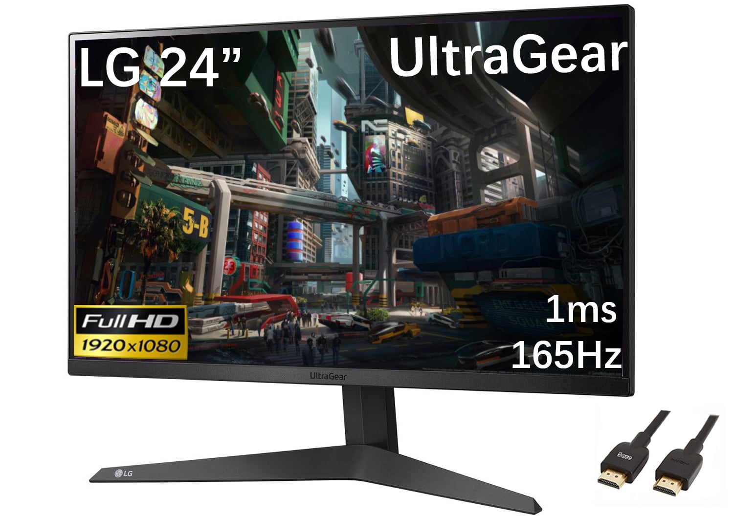 LG 24" Ultragear FHD(1920 x 1080) Gaming Monitor, 1ms, 165Hz, AMD FreeSync Premium, Black, with 5ave HDMI Cable
