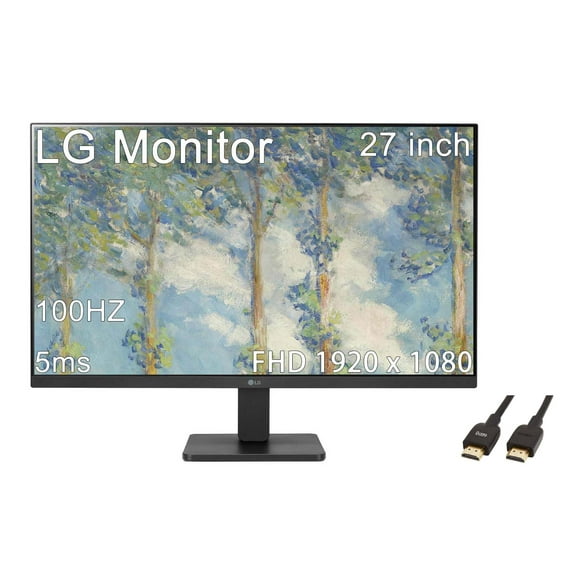 LG 27" FHD (1920 x 1080) IPS Monitor, 100Hz, 5ms, AMD FreeSync Premium, 3-Side Virtually Borderless Design, HDMI, Black, with 5AVE HDMI Cable