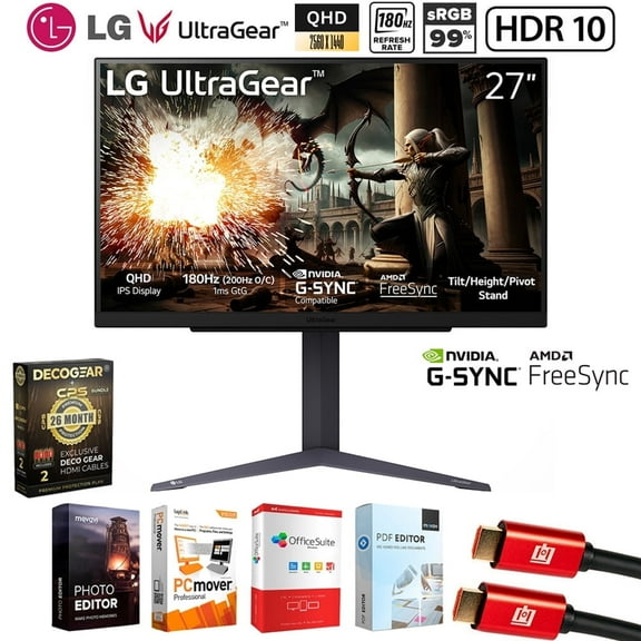 LG 27GS75QX-B 27" UltraGear QHD 1440P 180Hz 1ms G-Sync Compatible IPS Gaming Monitor Bundle with Elite Suite 18, 2x HDMI Cable and Deco Gear CPS Exclusive 26 Month Protection Pack (BEACH-CPS-26M500)