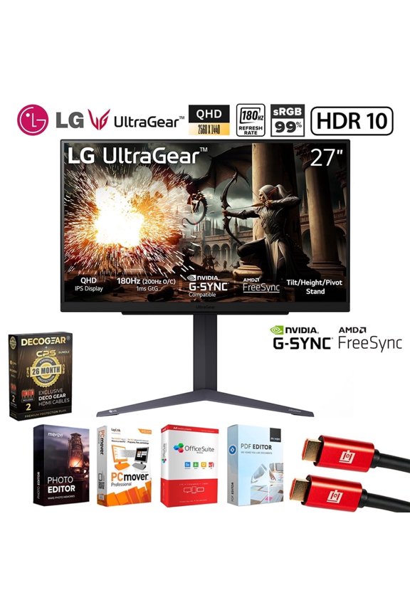 27GS75QX-B 27" UltraGear QHD 1440P 180Hz 1ms G-Sync Compatible IPS Gaming Monitor Bundle with Elite Suite 18, 2x HDMI Cable and Deco Gear CPS Exclusive 26 Month Protection Pack (BEACH-CPS-26M500)