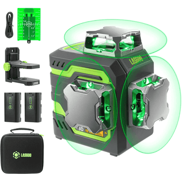 LG-3D Laser Level Self Leveling 3x360°, 3D Green Beam Cross Line Laser for Construction and Picture Hanging, 2 Rechargeable Batteries (20 Hrs), Magnetic Liftable Stand Included, LASGOO