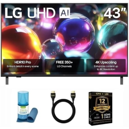 LG 43" Class UA7000 Series LED AI 4K UHD Smart webOS TV 2025 – HDR – Voice Control – Wi-Fi – ThinQ AI – w/Monster MCGOLDUHD5 HDMI Cable, 12 Mo CPS Protection & SURF201V Screen Cleaner