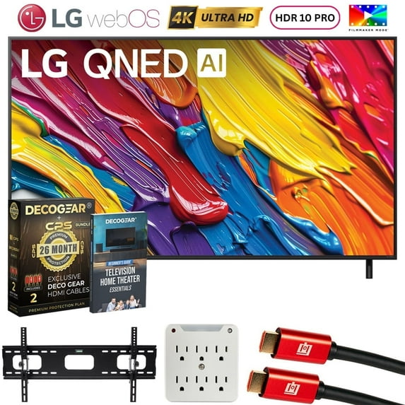 LG 43 inch QNED AI 4K QNED82A Smart TV (2025) Bundle with CPS Exclusive 26 Month Protection, 2x HDMI Cable, Wall Mount, 6-Outlet Surge Adapter & Deco Gear Complete Home Theater Beginner's Guidebook