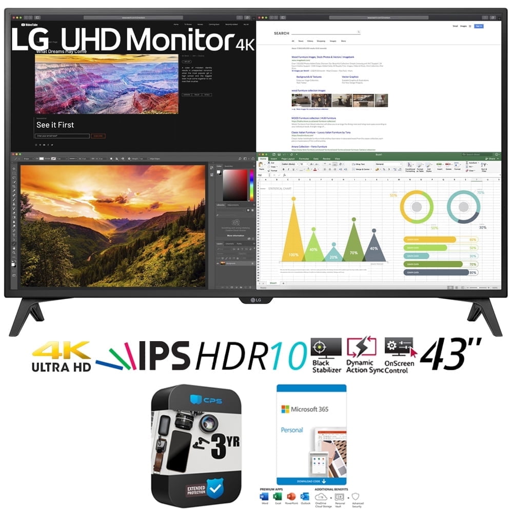 LG 43UN700TB 43" 4K UHD 3840x2160 IPS USBC HDR 10 Monitor Bundle with