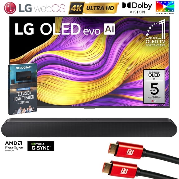LG 55 Inch G5 Series OLED evo 4K UHD Smart webOS TV with One Wall Design (2025) OLED55G5WUA Bundle with Samsung 3.0ch All-in-One Soundbar, 2x HDMI Cable and Deco Gear Home Theater Beginner's Guide
