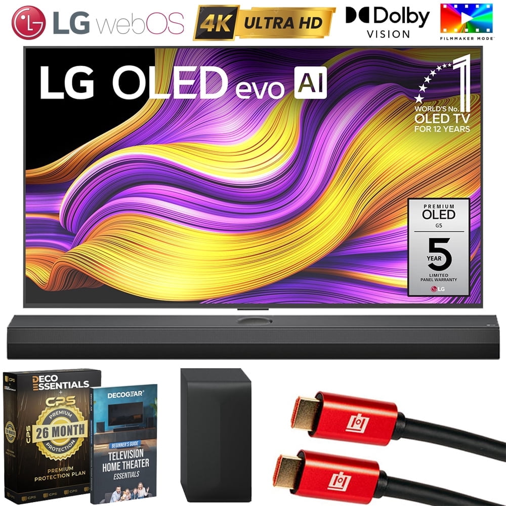 LG 55 Inch G5 Series OLED evo 4K UHD webOS TV with One Wall Design (2025) OLED55G5WUA Bundle with S70TY Soundbar, 26 Month Protection Pack, 2x HDMI Cable and Deco Gear Home Theater Beginner's Guide