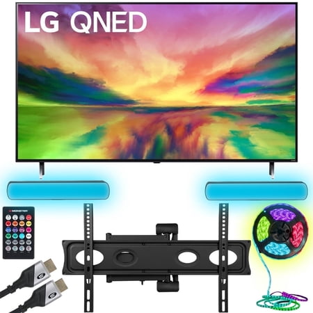 LG 55QNED80URA 55 inch 4K HDR Smart Mini-LED TV (2023) Bundle with Monster TV Full Motion Wall Mount for 32"-70" with 6 Piece Sound Reactive Lighting Kit