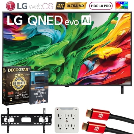 LG 55QNED85AUA 55" QNED AI 4K Smart TV (2025) Bundle with CPS Exclusive 26 Month Protection, 2x HDMI Cable, Wall Mount, 6-Outlet Surge Adapter & Deco Gear Complete Home Theater Beginner's Guidebook