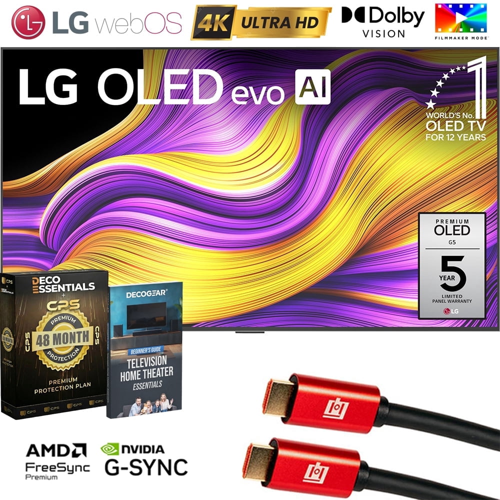 LG 65 Inch G5 Series OLED evo 4K UHD webOS TV with One Wall Design (2025) OLED65G5WUA Bundle with 4 YR CPS Extended Warranty, 2x 6FT HDMI Cable and Deco Gear Home Theater Beginner's Guide