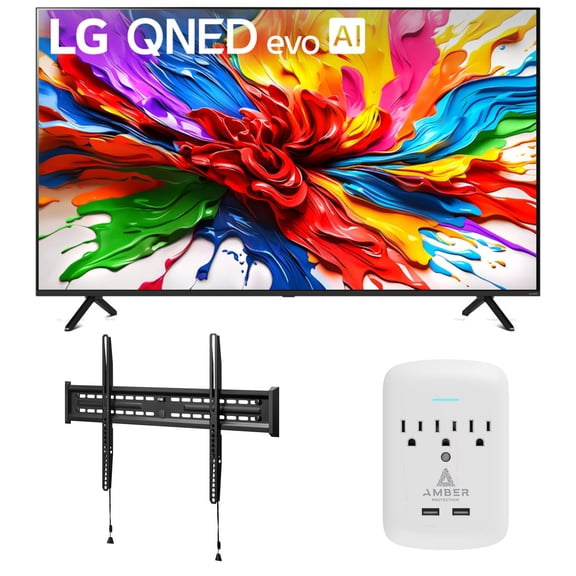 LG 65QNED92AUA 65 Inch 4K QNED Mini LED evo AI Smart TV with a Walts FIXED-MOUNT-43-90 Mount and Amber Protection 3-OUTLET-SURGE Surge Protector (2025)