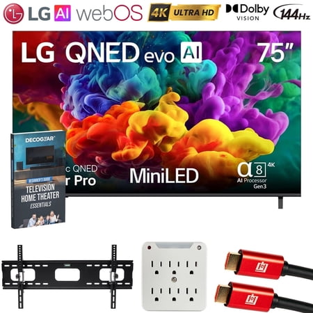 LG 75" QNED evo AI QNED84B Mini LED 4K Smart TV 75QNED84BUA Bundle with Deco Mount 37"-100" TV Wall Mount, 2x 6FT HDMI Cable, 6-Outlet Surge Adapter and Deco Gear Home Theater Beginner's Guide