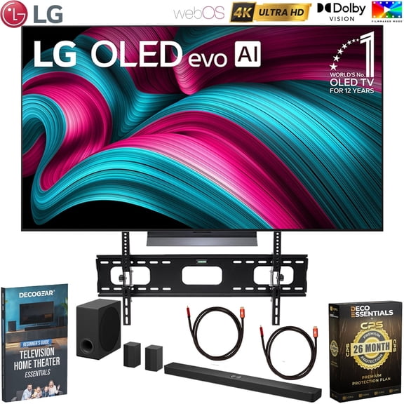 LG 77 Inch Class C5 Series OLED evo 4K UHD Smart webOS TV 2025 OLED77C5PUA Bundle with LG 7.1.3 Ch Soundbar, Wall Mount, 2 Cables, Home Theater Guide & Deco Essentials CPS 26 Months Protection Pack