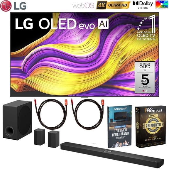 LG 77 Inch G5 Series OLED evo 4K UHD Smart webOS TV 2025 OLED77G5WUA Bundle with LG 7.1.3 Ch Soundbar, 2 HDMI Cables, Theater Guide and Deco Essentials CPS 26 Months Premium Extended Protection Pack
