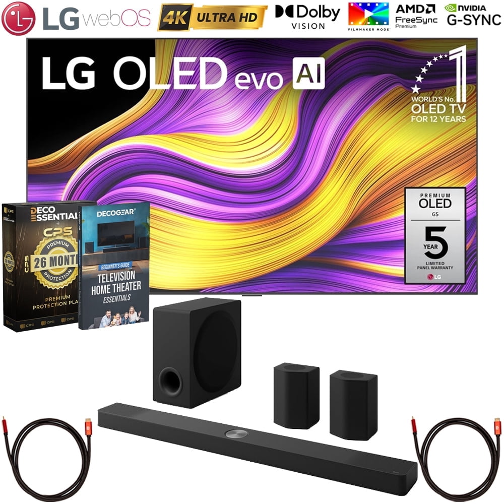 LG 77 Inch G5 Series OLED evo 4K UHD Smart webOS TV with One Wall Design 2025 OLED77G5WUA Bundle with LG Soundbar, 2 HDMI Cables, Home Theater Guide & Deco Essentials CPS 26 Months Protection Pack