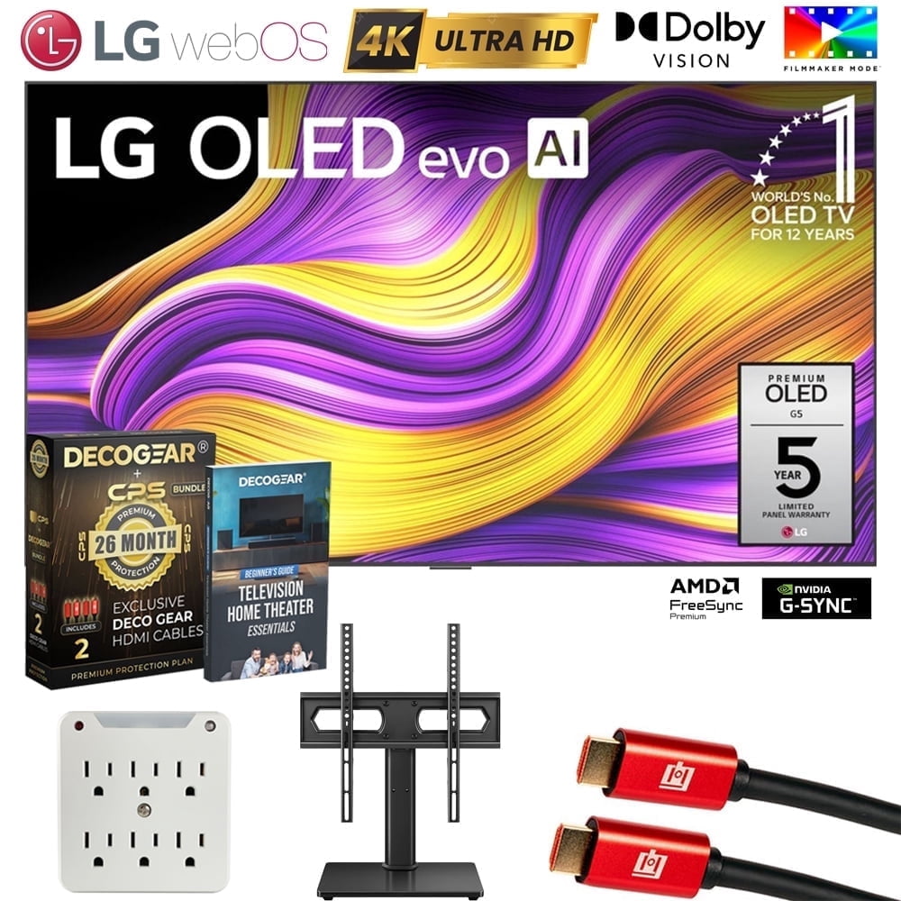 LG 83" G5 OLED evo 4K UHD TV with One Wall Design 2025 Bundle with CPS Exclusive 26 Month Protection, 2x HDMI Cable, Mount Stand, Surge Adapter & Deco Gear Complete Home Theater Beginner's Guidebook