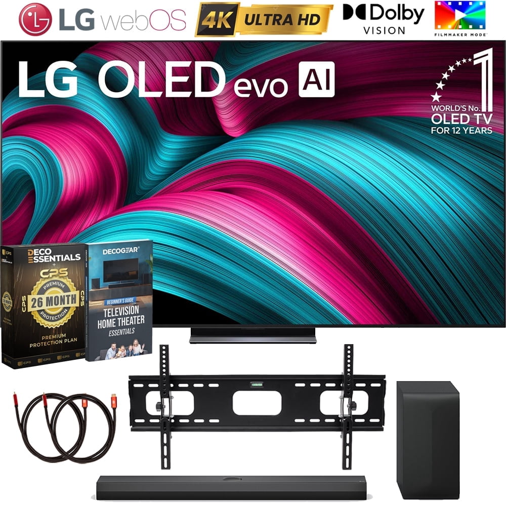 LG 83 Inch Class C5 Series OLED evo 4K UHD Smart webOS TV (OLED83C5PUA 2025) with LG S70TY Dolby Atmos Soundbar, Deco Mount Wall Kit, 2x 6FT HDMI Cables and Deco Essentials 26‑Month Protection