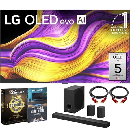 LG 83 Inch G5 Series OLED evo 4K UHD Smart webOS TV with One Wall Design (OLED83G5WUA 2025) + LG S80TR Dolby Atmos 5.1.3 Ch Soundbar, 2x 6FT HDMI Cables and Deco Essentials 26-Month Protection