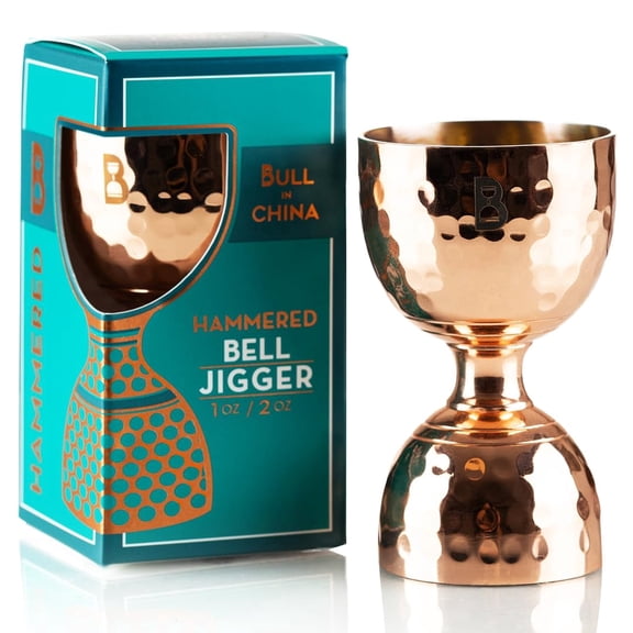 Hammered Bell Jigger by Bull In China - Premium 100% Copper with 0.25oz to 2oz Measures for Cocktails, Bars & Bartenders