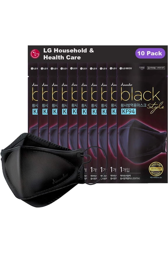 [LG Airwasher] KF94 Disposable Face Mask, 10 Pack - Made in Korea, Black Breathable Reusable Face Mask, Individually Wrapped 4-Ply Adjustable Cloth Masks