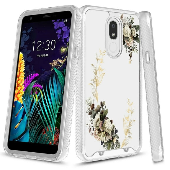 LG Aristo 4+ Case, LG Arena 2 Case, LG Escape Plus Case, LG Journey LTE Case, LG Prime 2 Case, LG Tribute Royal Case, Kaesar Graphic Rugged Clear Hybrid Bumper Case for LG X320 (White Flower)