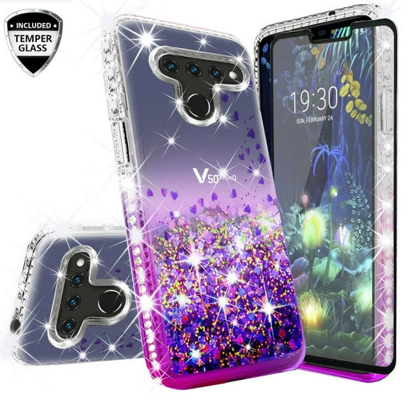 LG Aristo 5,Aristo 5 Plus,Fortune 3,Phoenix 5,Risio 4,K8X,K31,Tribute Monarch Case w/ Tempered Glass Screen Protector Liquid Quicksand Glitter Cute Bling Girls Women [Shock Proof] - Clear/Purple