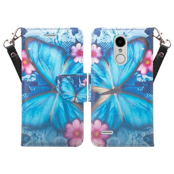 LG Fortune 2, LG Zone 4, LG Rebel 3 Case, Magnetic Leather Wallet Kickstand Case Cover with Card Slots - Blue Butterfly