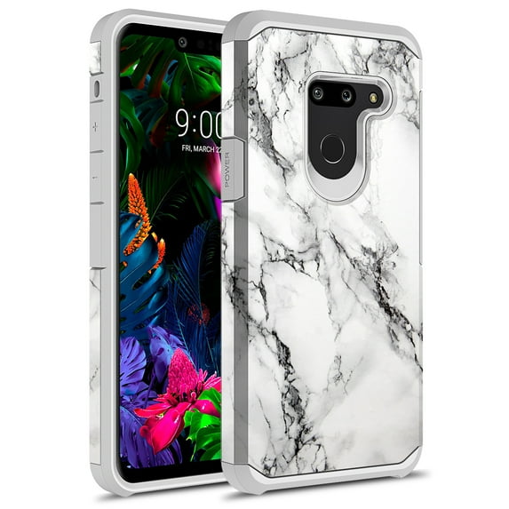 LG G8 ThinQ Case, Kaesar Slim Hybrid Dual Layer Shockproof Hard Cover Graphic Fashion Cute Colorful Silicone Skin Cover Armor Case for LG G8 ThinQ (White Marble)