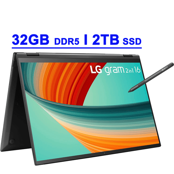 LG Gram 16 Ultra-thin Premium 2-in-1 Laptop 16" WQXGA IPS Anti-Glare Touchscreen Intel 12-Core i7-1360P 32GB DDR5 2TB SSD Backlit Thunderbolt4 FHD IR Webcam Long-Lasting Battery with Pen Win11