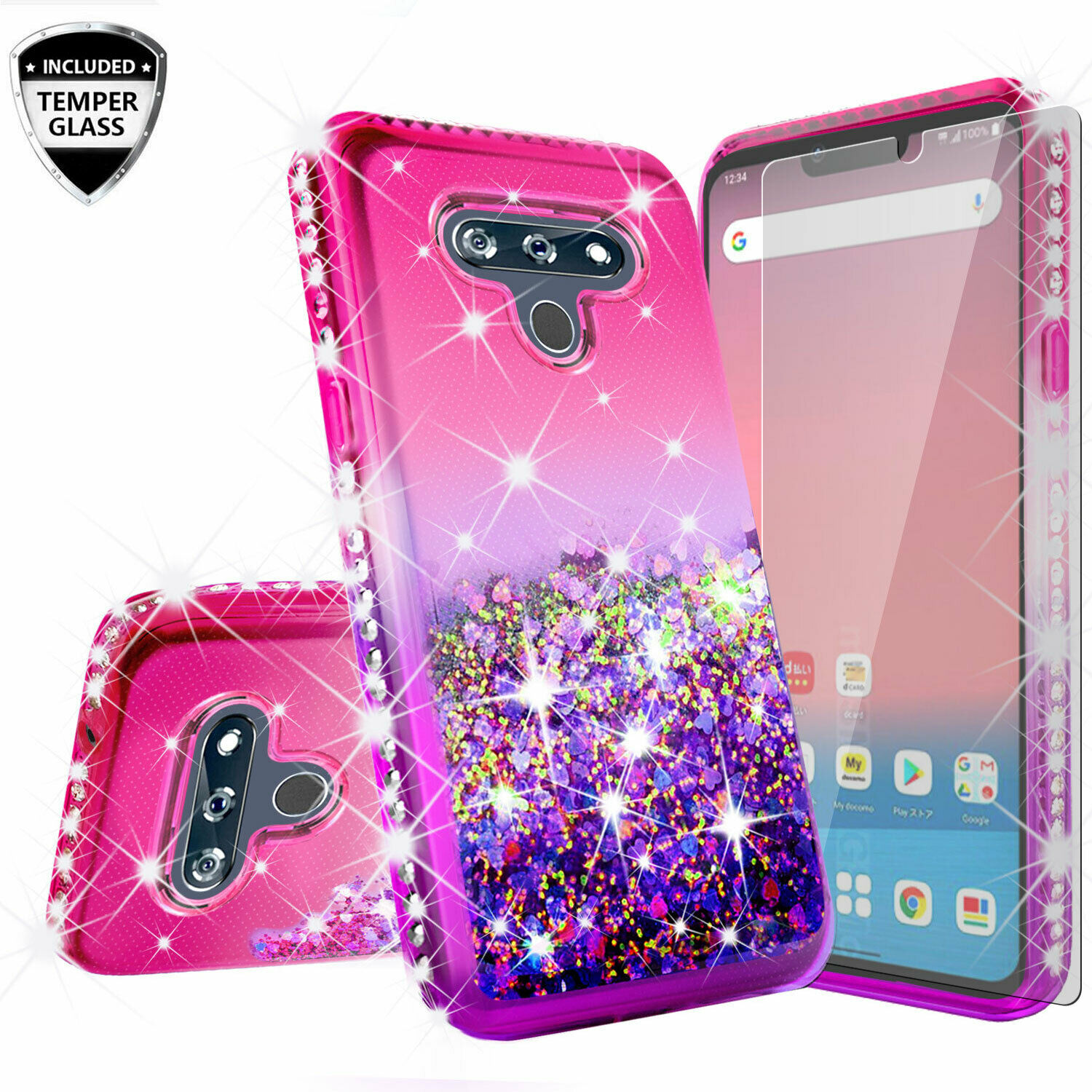LG LG Harmony 4, Premier Pro Plus L455DL Case w[Temper Glass] Cute Liquid Glitter Bling Diamond Bumper Girls Women Phone Case for LG LG Harmony 4, Premier Pro Plus L455DL - Pink/Purple - image 1 of 5