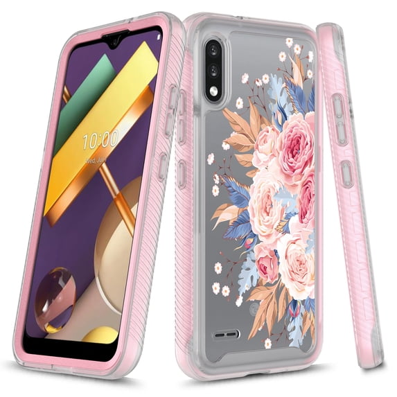 LG K22 Case, LG K22 Plus Case, LG K32 Case, Rosebono Graphic Design Shockproof Impact Resistant Protective Full-Body Rugged Clear Hybrid Bumper Case for LG K22+ (Pink Flower)