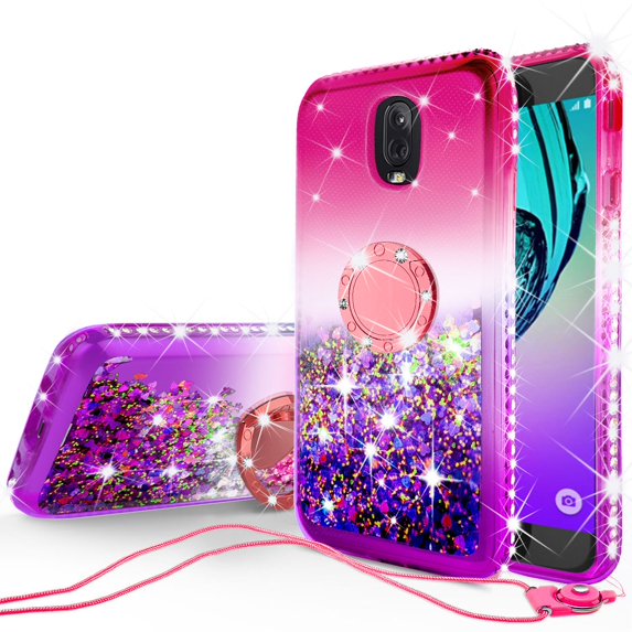 LG K30 2019/Arena 2/Escape Plus/Tribute Royal/X2/Prime2/Journey Case Liquid Glitter Waterfall Ring Kickstand w/Tempered Glass Screen Protector - Hot Pink/Purple