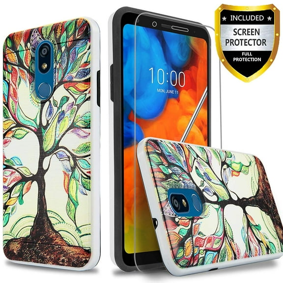 LG K40 Phone Case, LG Xpression Plus 2 Case, LG Harmony 3 Case, LG Solo LTE Case, LG K12 Plus Case, with [Tempered Glass Screen Protector] 2-Piece Style Hybrid Shockproof Hard Case Cover -Lucky Tree