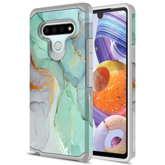 LG K51 Case, Rosebono Slim Hybrid Dual Layer Shockproof Hard Cover Graphic Fashion Cute Colorful Silicone Skin Cover Armor Case for LG K51 (Green Marble)