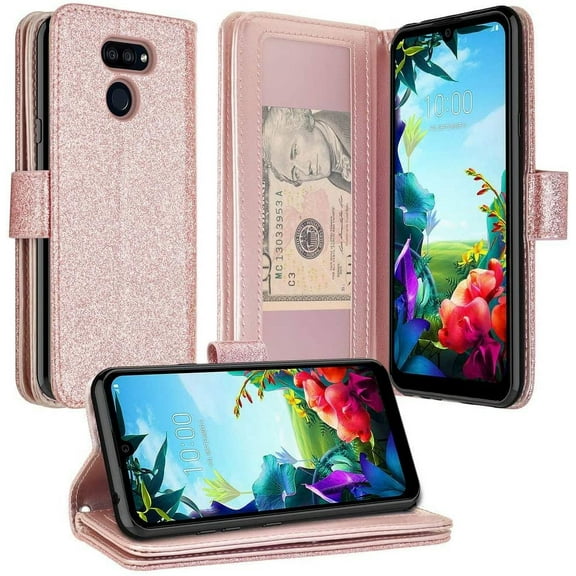 LG K51/LG Reflect/L555DL/Q51 Case Pu Leather Wallet Phone Case Kickstand Cute Girls Women Cover for LG K51 - Glitter Rose Gold