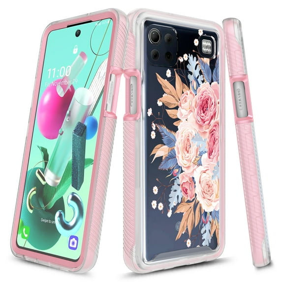 LG K92 5G Case, Rosebono Graphic Design Shockproof Impact Resistant Protective Full-Body Rugged Clear Hybrid Bumper Case For LG K92 5G (Pink Flower)
