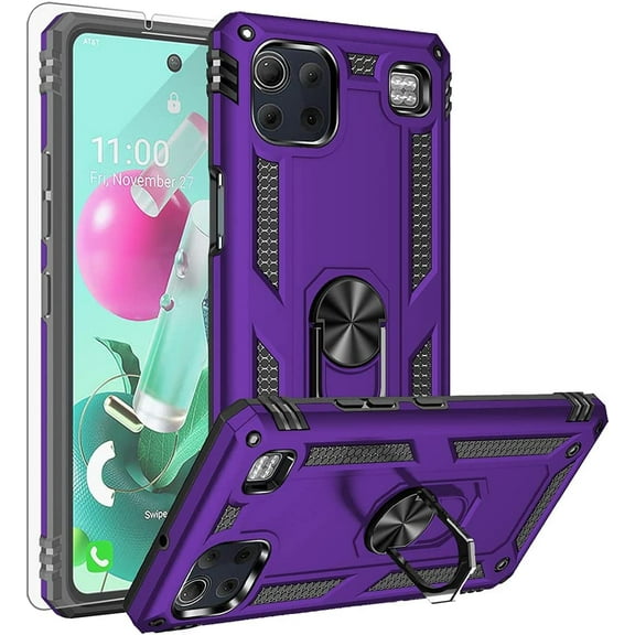 for LG K92 5G Case,with HD Screen Protector, [Military Grade] Ring Car Mount Kickstand Hybrid Hard PC Soft TPU Shockproof Protective Case for LG K92 5G (Purple)