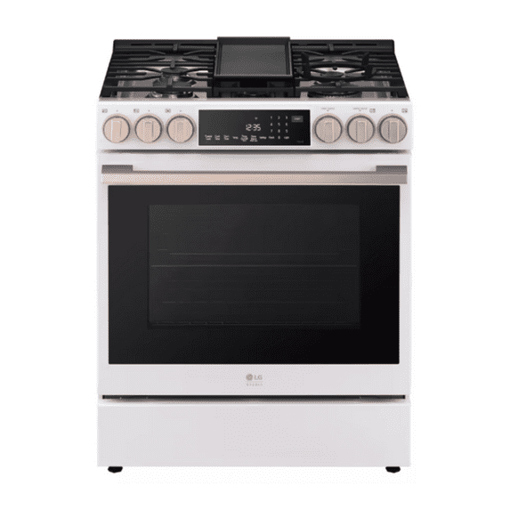 LG 30 Inch Slide-In Gas Smart Range with 5 Sealed Burners, 6.3 cu. ft. Oven Capacity,Air Sous Vide, ProBake Convection & Wifi in White LSGS6338N