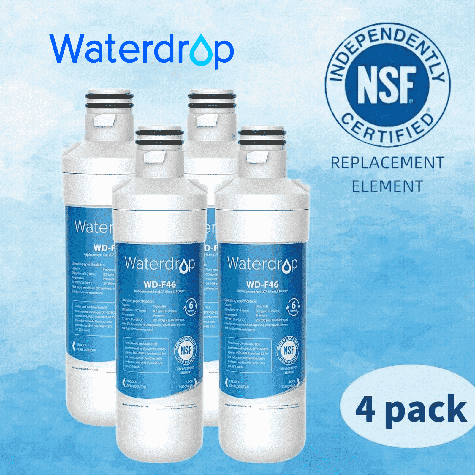 Waterdrop Refrigerator Water Filter, Replacement for LT1000P ,ADQ74793501, ADQ74793502,ADQ747935 ,MDJ64844601, 46-9980, 9980, NSF Certified, Pack of 4