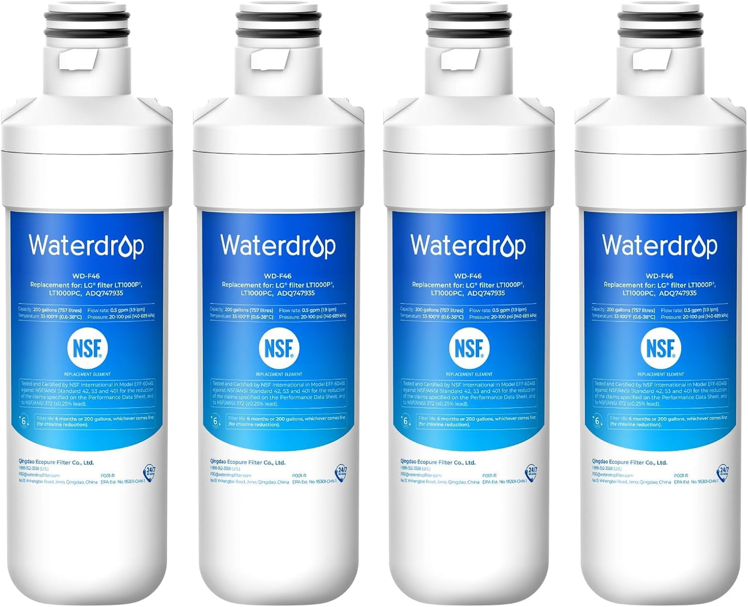Waterdrop Refrigerator Water Filter, Replacement for LT1000P® ,ADQ74793501, ADQ74793502,ADQ747935 ,MDJ64844601, 46-9980, 9980, NSF Certified, Pack of 4