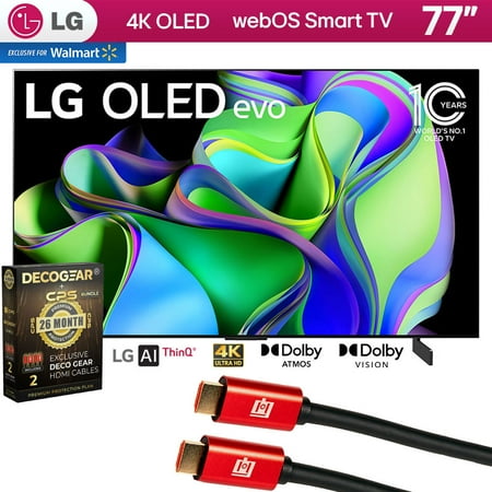 LG OLED77C3PUA OLED evo C3 77 Inch HDR 4K Smart OLED TV (2023 Model) Bundle w/ Deco Gear 4K HDMI 2.0 Cable w/Pure Copper Conductors x2 & CPS Exclusive 26 Month Protection Pack