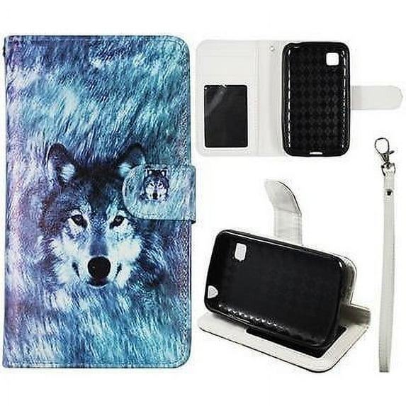 LG Optimus Dynamic 2 II L39C Wallet Husky Wolf Syn Leather Folio Dual Layer Interior Design Flip PU Leather case Cover Card Cash Slots & Stand Cover Cell